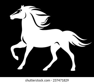 white horse on black - running animal profile silhouette vector design