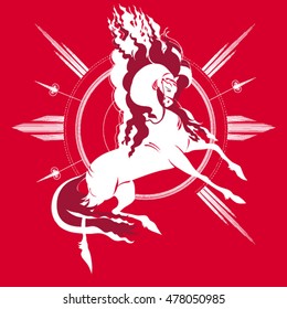 White horse on a red background, jumping. National folk motives.