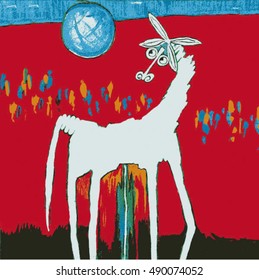 White horse on a red under the moon on the motives of Philippine folk artists