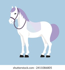 White horse with purple mane, simple cartoon style on blue background. Equestrian, kids illustration, farm animal vector illustration.