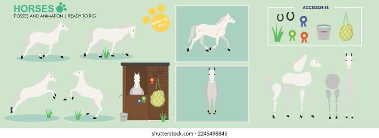 White Horse ready to animate with multiple poses accessories. Vector file labeled ready to rig. Horse riding, horse jumping, horses playing.