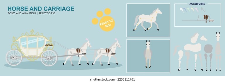 Caballo blanco listo para animarse con múltiples accesorios de poses. Caballo y Carriaje, real, princesa, carreta tirada por caballos, archivo vector etiquetado listo para la plataforma.