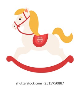 A white horse with a red blanket on its back is riding a rocking horse. The horse is smiling and he is enjoying the ride