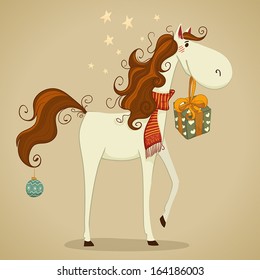 White horse in a red scarf with a gift.