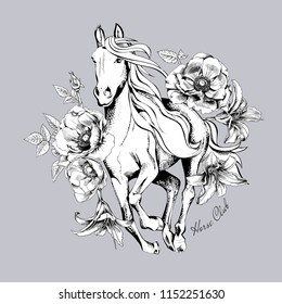 White Horse running. Flowers and leaves on a gray background. Horse club - lettering quote. Poster, t-shirt composition, handmade print. Vector illustration.