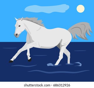 A white horse runs along the water. Vector color illustration.