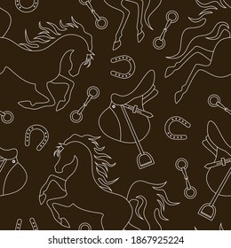 White horse, saddle and horseshoe contour seamless pattern. Vector illustration.