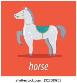 white horse standing one of the paws is raised. orange background. vector color illustration of a cute character