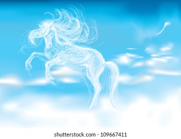 White horse / Vector sketch of sky with clouds 