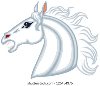 A white horse's head in profile with flowing mane