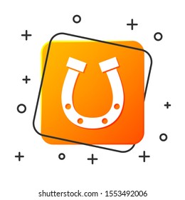 White Horseshoe icon isolated on white background. Orange square button. Vector Illustration