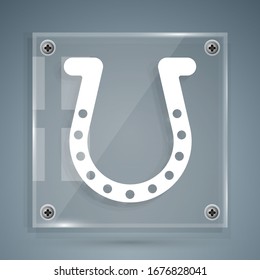White Horseshoe icon isolated on grey background. Square glass panels. Vector Illustration