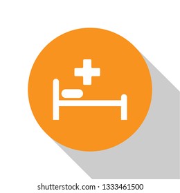 White Hospital Bed with Medical symbol of the Emergency - Star of Life icon isolated on white background. Orange circle button. Flat design. Vector Illustration