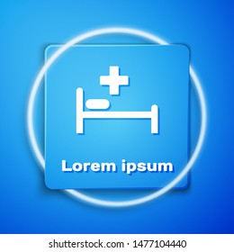 White Hospital Bed with Medical symbol of the Emergency - Star of Life icon isolated on blue background. Blue square button. Vector Illustration