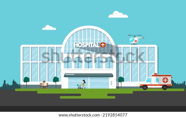 White hospital building with\
ambulance car, helicopter and people - vector illustration\
