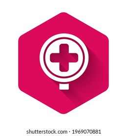 White Hospital road traffic icon isolated with long shadow background. Traffic rules and safe driving. Pink hexagon button. Vector