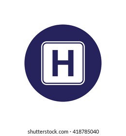 White hospital sign icon vector. Blue circle. Blue button