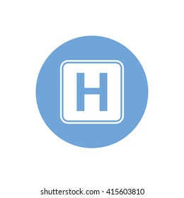White hospital sign vector icon. Blue circle. Blue button