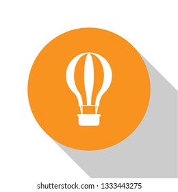 White Hot air balloon icon isolated on white background. Air transport for travel. Orange circle button. Flat design. Vector Illustration