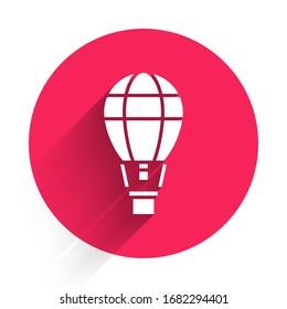 White Hot air balloon icon isolated with long shadow. Air transport for travel. Red circle button. Vector Illustration