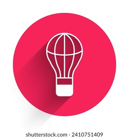 White Hot air balloon icon isolated with long shadow background. Air transport for travel. Red circle button. Vector