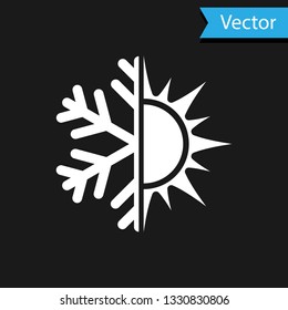 White Hot and cold symbol. Sun and snowflake icon isolated on black background. Winter and summer symbol. Vector Illustration
