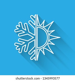 White Hot and cold symbol. Sun and snowflake icon isolated with long shadow. Winter and summer symbol. Vector Illustration