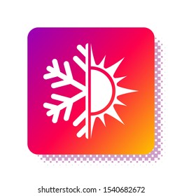 White Hot and cold symbol. Sun and snowflake icon isolated on white background. Winter and summer symbol. Square color button. Vector Illustration