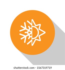 White Hot and cold symbol. Sun and snowflake icon isolated on white background. Winter and summer symbol. Orange circle button. Vector Illustration