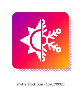 White Hot and cold symbol. Sun and snowflake icon isolated on white background. Winter and summer symbol. Square color button. Vector Illustration