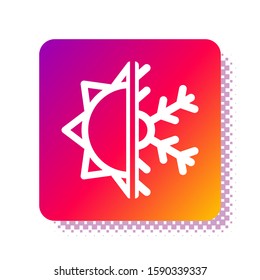White Hot and cold symbol. Sun and snowflake icon isolated on white background. Winter and summer symbol. Square color button. Vector Illustration