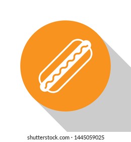 White Hotdog sandwich with mustard icon isolated on white background. Sausage icon. Fast food sign. Orange circle button. Vector Illustration