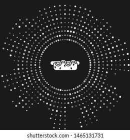 White Hotdog sandwich with mustard icon isolated on grey background. Sausage icon. Street fast food menu. Abstract circle random dots. Vector Illustration