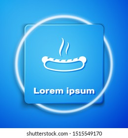 White Hotdog sandwich with mustard icon isolated on blue background. Sausage icon. Fast food sign. Blue square button. Vector Illustration