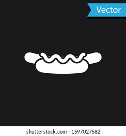 White Hotdog sandwich with mustard icon isolated on black background. Sausage icon. Street fast food menu.  Vector Illustration