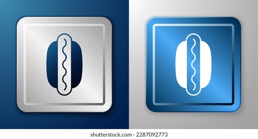 White Hotdog sandwich with mustard icon isolated on blue and grey background. Sausage icon. Fast food sign. Silver and blue square button. Vector