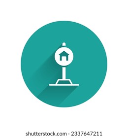 White Hotel sign for traffic icon isolated with long shadow background. Green circle button. Vector