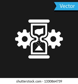 White Hourglass and gear icon isolated on black background. Time Management symbol. Clock and gear icon. Business concept. Vector Illustration