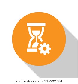 White Hourglass and gear icon isolated on white background. Time Management symbol. Clock and gear icon. Productivity symbol. Orange circle button. Vector Illustration