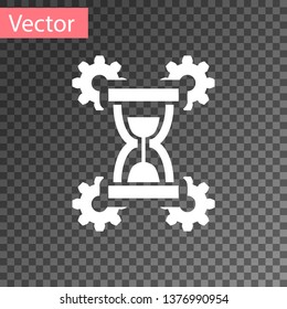 White Hourglass and gear icon isolated on transparent background. Time Management symbol. Clock and gear icon. Productivity symbol. Vector Illustration