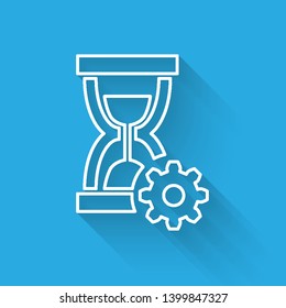 White Hourglass and gear line icon isolated with long shadow. Time Management symbol. Clock and gear icon. Productivity symbol. Vector Illustration