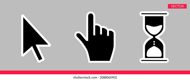 White hourglass loading clock, pointer hand and arrow mouse cursors icon sign graphic element flat style design vector illustration set. Simplistic pictogram indicator sign, endless time process idea.