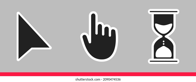 White hourglass loading clock, pointer hand and arrow mouse cursors icon sign graphic element flat style design vector illustration set. Simplistic pictogram indicator sign, endless time process idea.