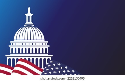 white house and american USA flag, stars and stripes, united states of america on blue background