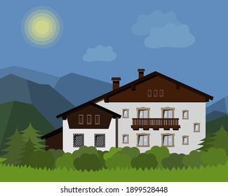 white house with balcony in the mountains vector illustration