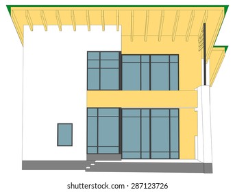 White house with big windows on isolated white background, front view. Vector illustration