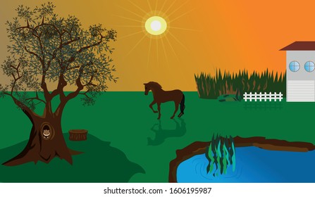 white house, brown horse, a tree and small a lake in the green garden nature concept. vektor illustration