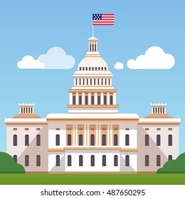 White House building with US flag on a blue sky with clouds background. Washington DC president residence. Modern flat style vector illustration.