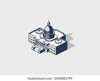 Ilustración vectorial isométrica del edificio del capitolio de la casa blanca con la sombra