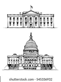 White House and Capitol Building in Washington DC, USA, vector illustration set isolated on white background